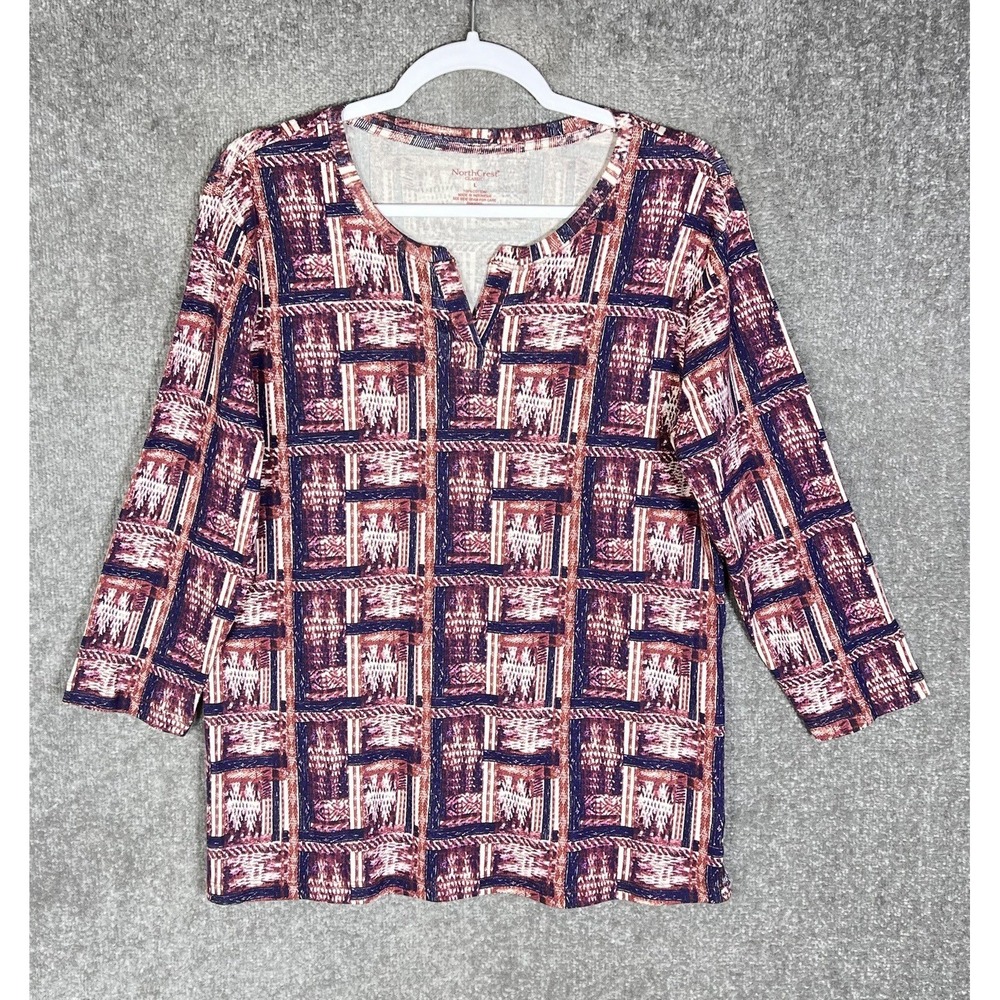 NorthCrest Classic Top Womens Sz L Geometric Split Neck 3/4 Sleeve Casual Shirt